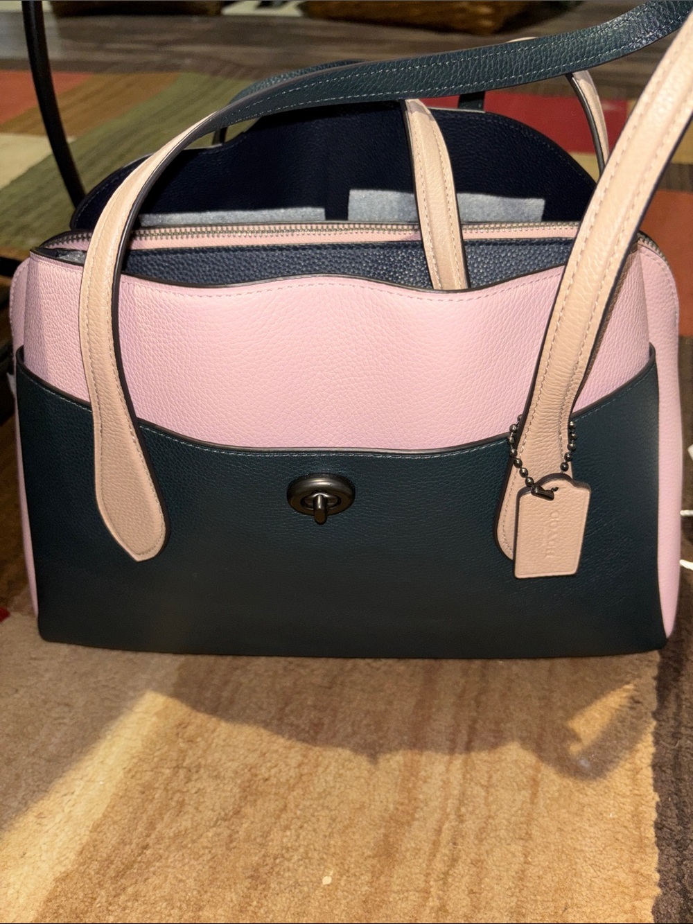 Coach Pink, Dark Green and Nude Leather Turnlock Tote